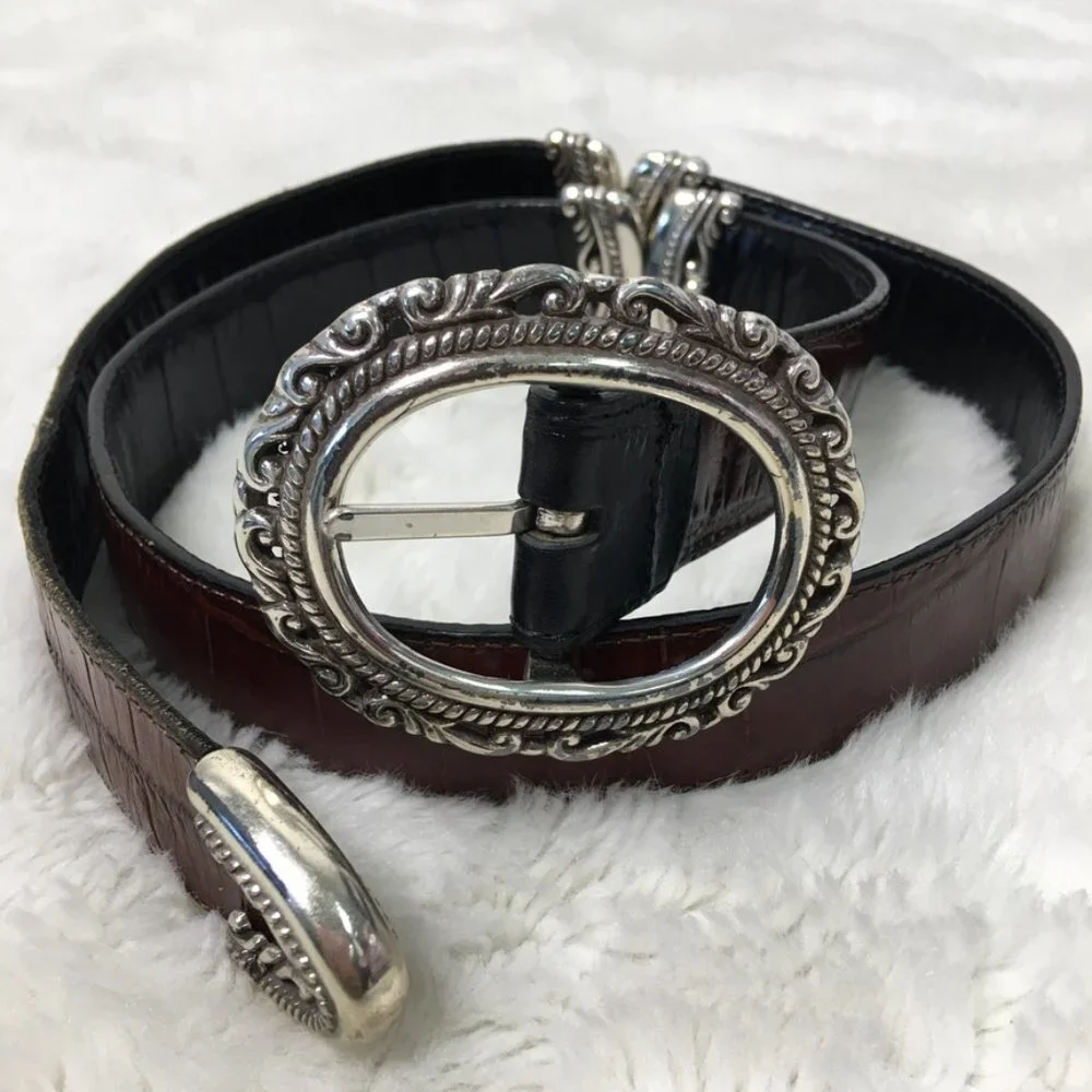 Brighton Womens Reversible Silver Black Brown Leather Belt size Medium